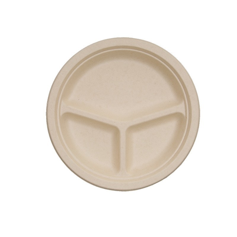 Eco-friendly three-compartment bamboo plate, biodegradable and perfect for meals.