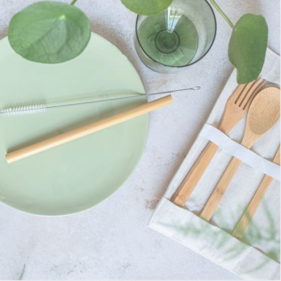 Reusable bamboo tableware set, including straw, cutlery, and eco-friendly packaging