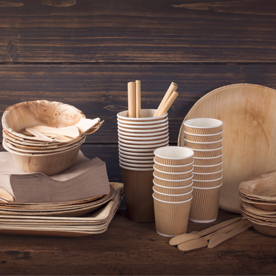 Eco-friendly plant fiber tableware set, including plates, cups, bowls, and straws