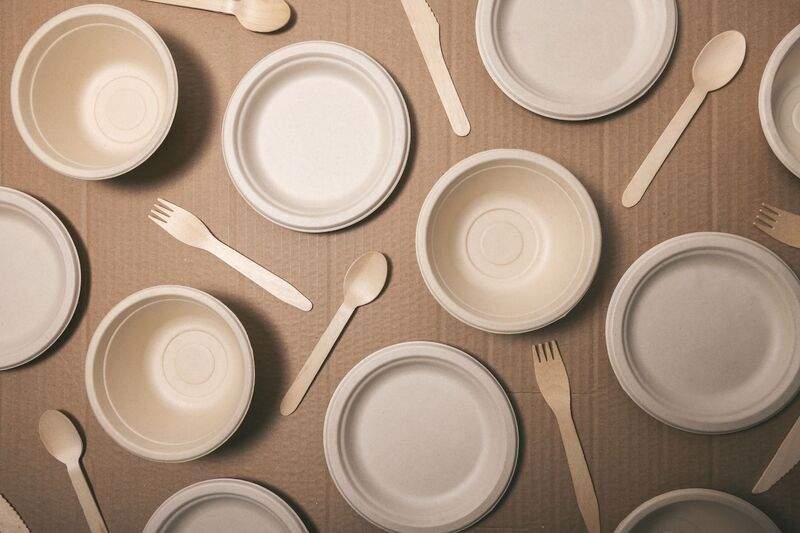 Biodegradable bamboo bowls and eco-friendly wooden cutlery laid on a sustainable background