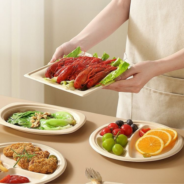 Compostable bamboo plates, showcasing eco-friendly tableware for serving fresh and colorful meals.