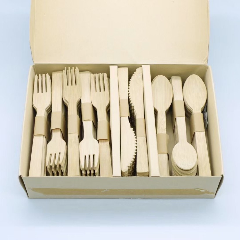 Bamboo cutlery set in box, forks, knives, spoons