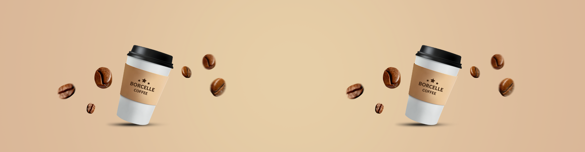 Promotional image featuring a branded coffee cup with coffee beans, showcasing a premium coffee product.