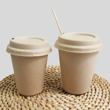 Eco-friendly bamboo and sugarcane pulp coffee cups with biodegradable lids and bamboo straws – compostable, plastic-free, and sustainable.