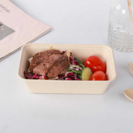 Biodegradable bamboo pulp food container with salad, beef slices, cherry tomatoes, and cucumber