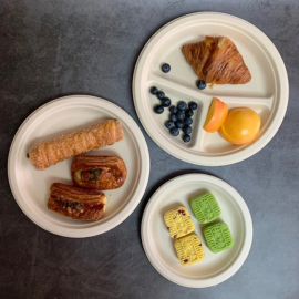 Assorted food displayed on biodegradable bamboo pulp plates with compartments and round designs