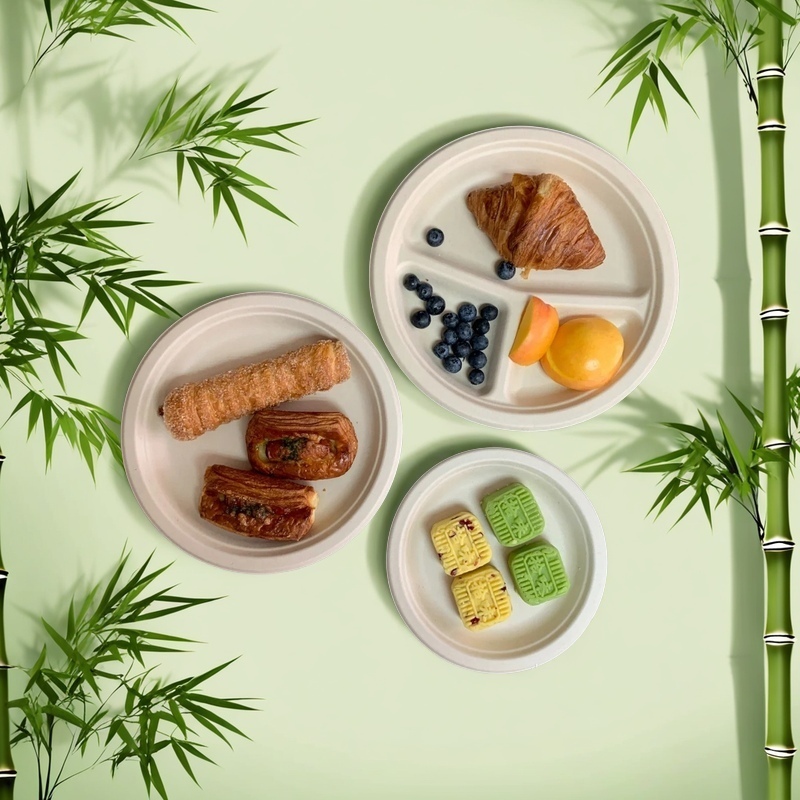 Eco-friendly bamboo plates with pastries and fruit