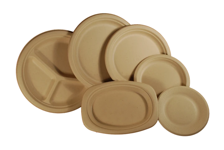 Various biodegradable plates made from plant fiber, eco-friendly and compostable options.