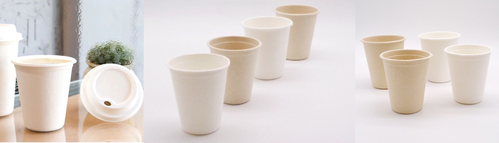 Eco-friendly bamboo pulp cups with lids, shown in both white and natural colors, ideal for hot beverages. The image displays the cups from different angles, highlighting their smooth texture and sturdy design.