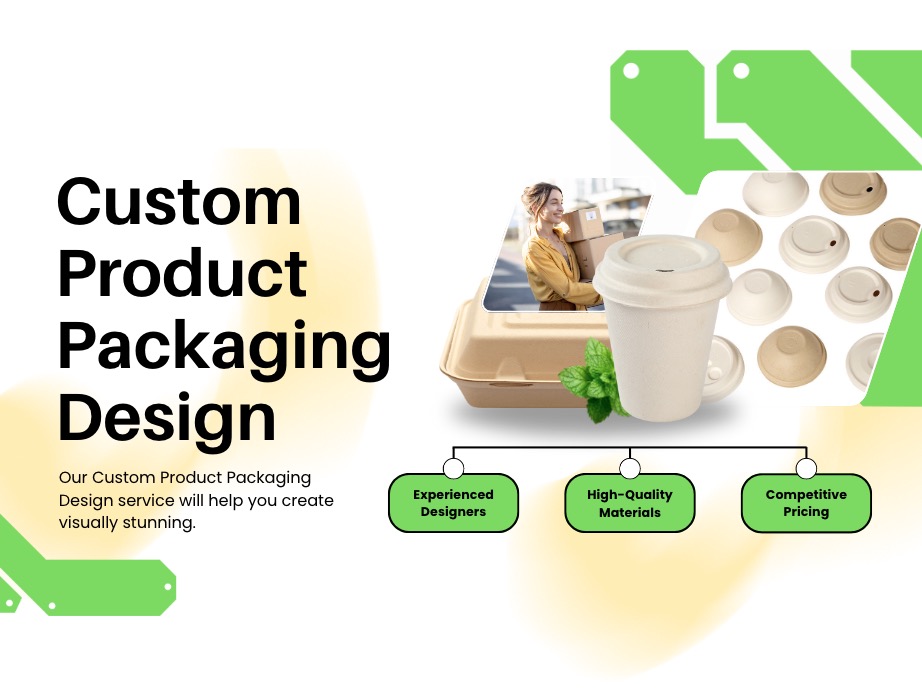 Custom product packaging design service with an emphasis on experienced designers, high-quality materials, and competitive pricing, showcasing eco-friendly packaging options.