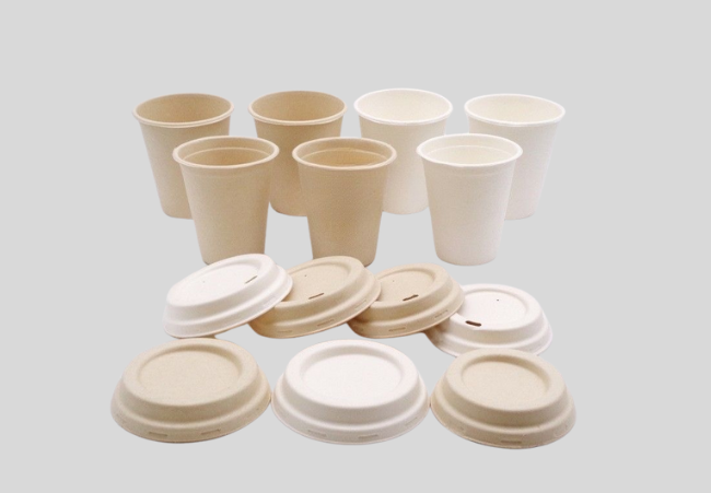 Earth-friendly and people-friendly bamboo and sugarcane pulp coffee cups with biodegradable lids – made from renewable resources, plastic-free, and compostable.