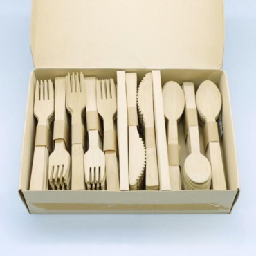 Boxed set of biodegradable bamboo cutlery, including forks, knives, and spoons, neatly packed for wholesale or bulk supply.